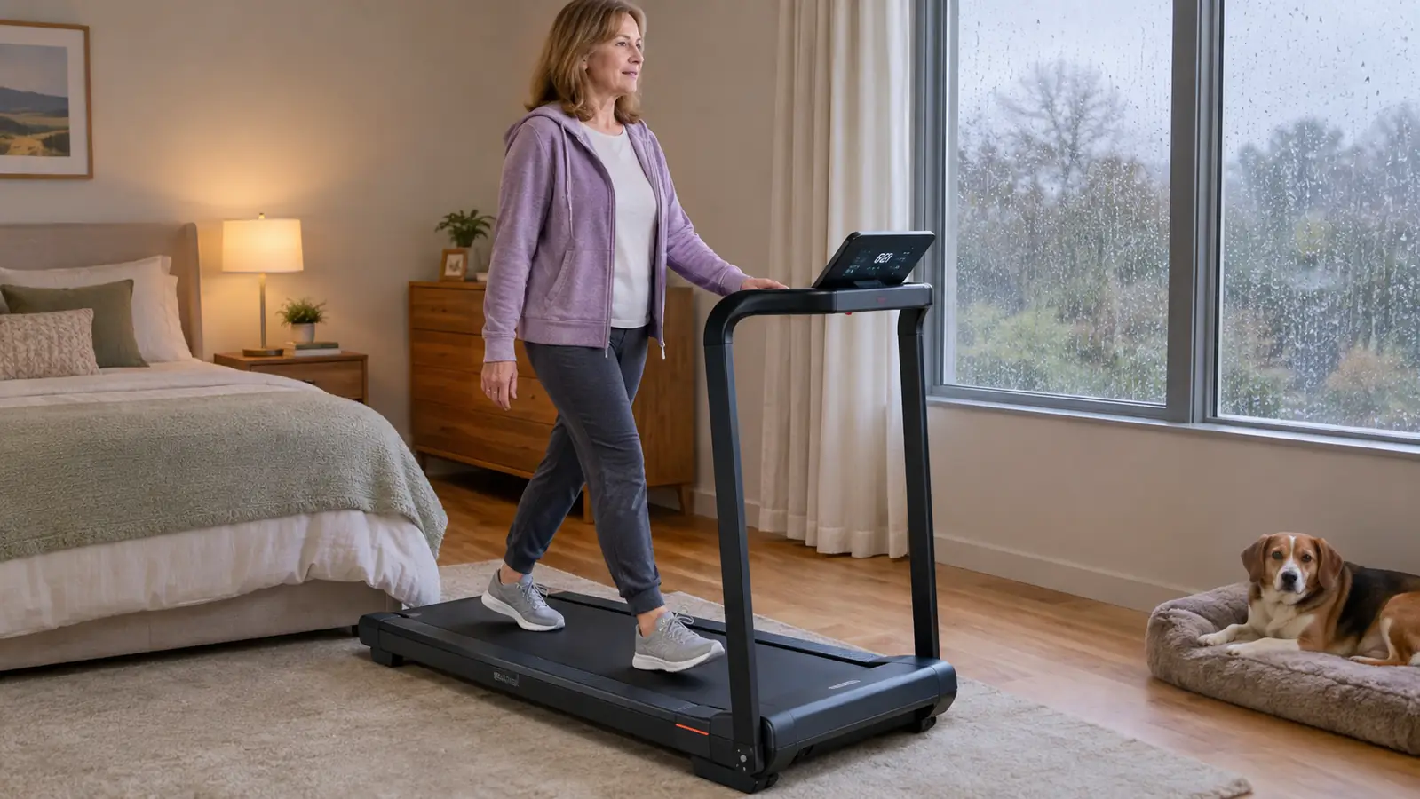 A woman in her late 50s using the walking pad in a spare room, the LED display showing speed and distance