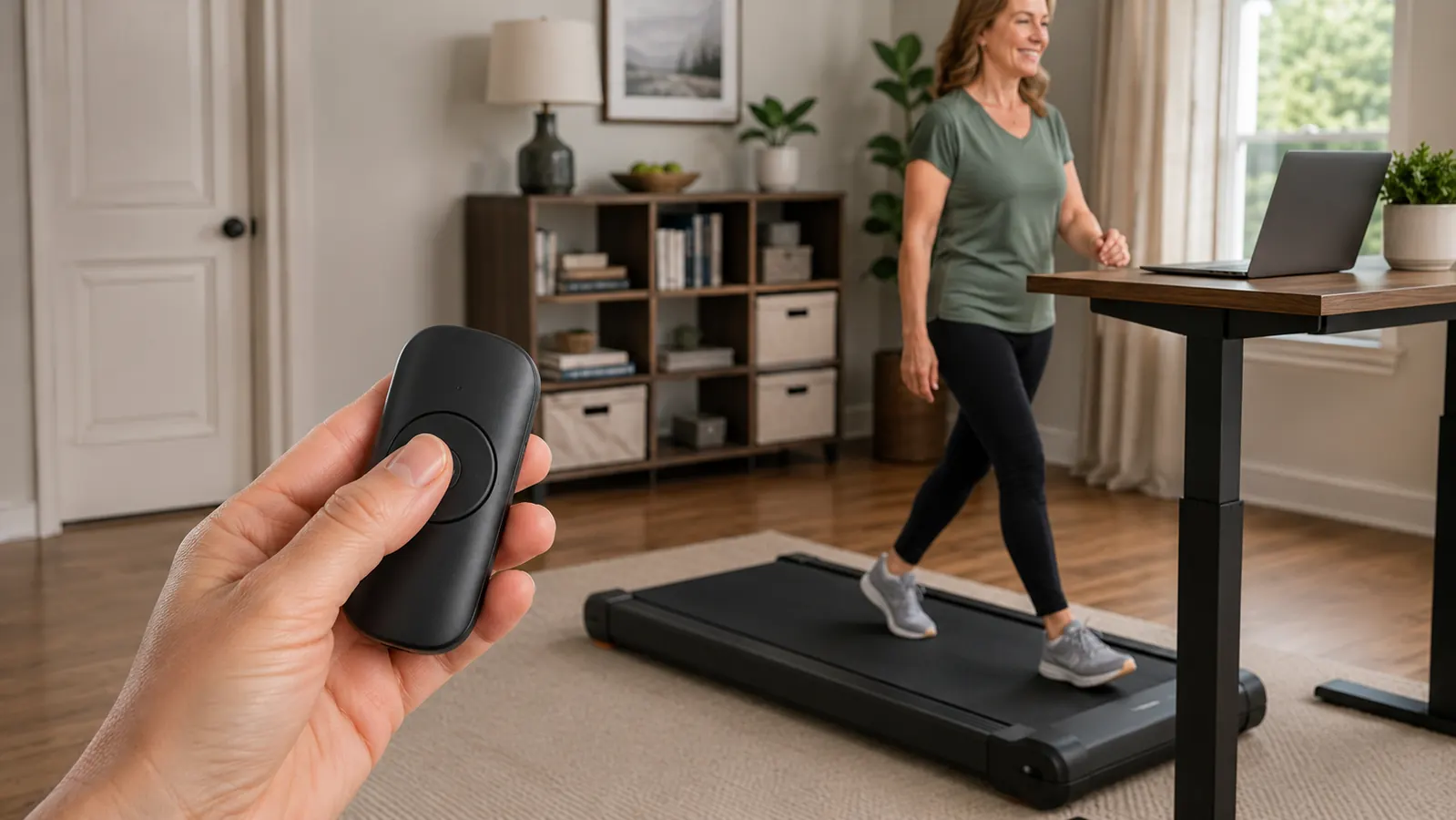 A person's hand pressing buttons on a small remote control while standing on a slim walking pad beside a desk