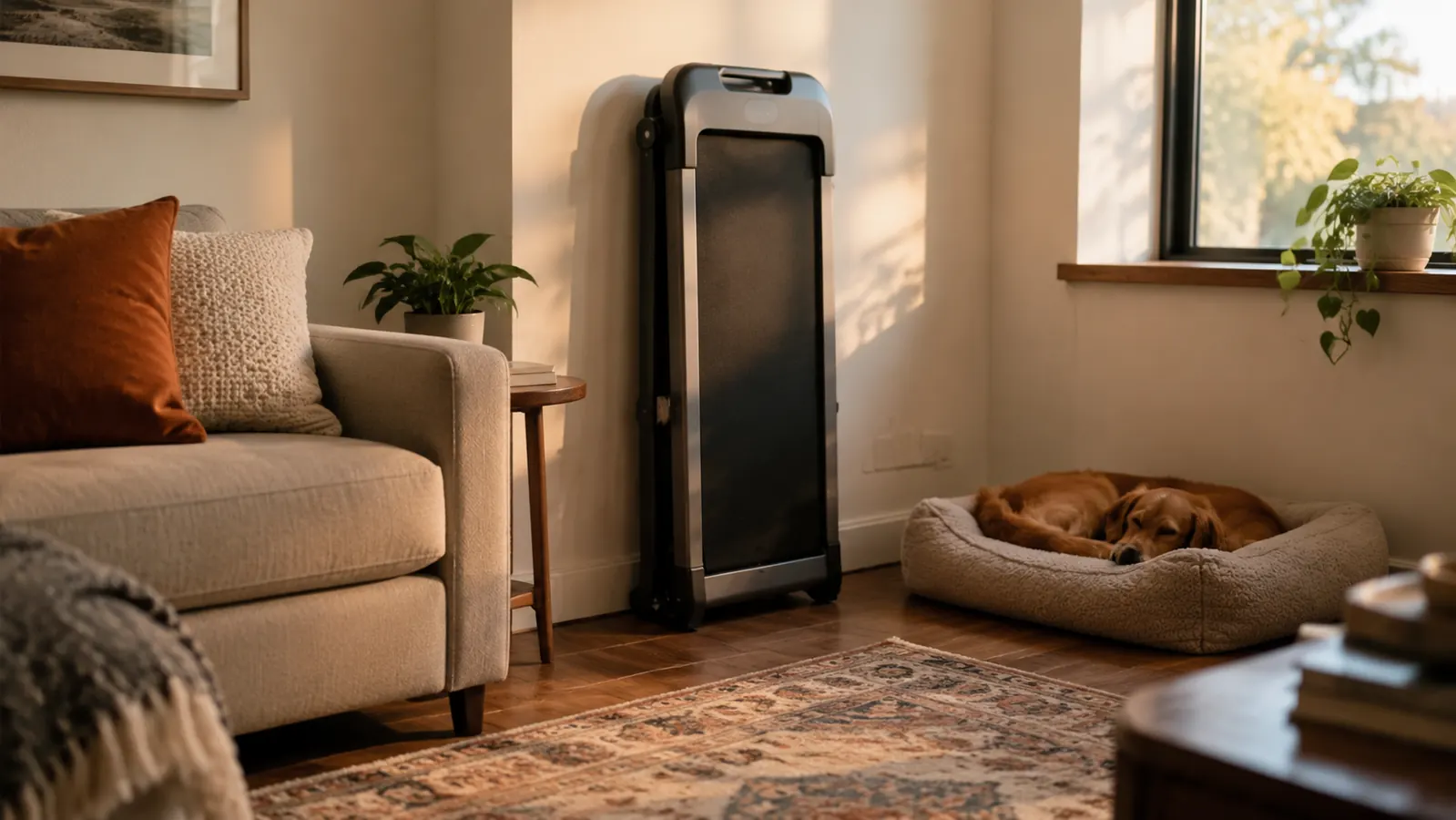 The walking pad folded upright against a wall in a small living room, with a dog bed nearby
