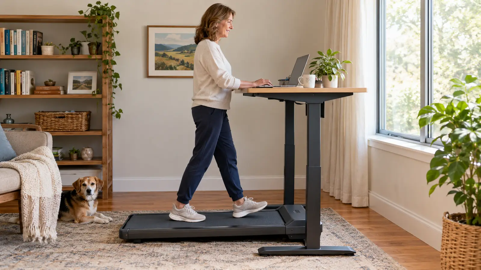 A woman in her late 50s walking on a walking pad under a desk in a home office.