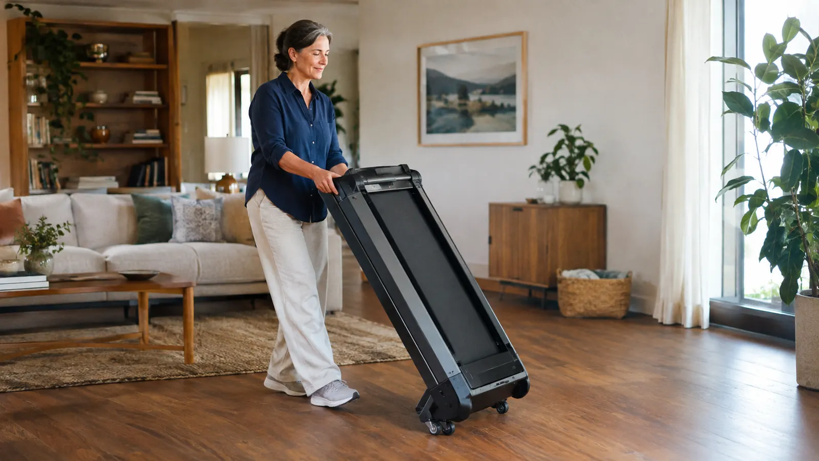 A woman in her late 50s moving a folded walking pad across a hardwood floor.